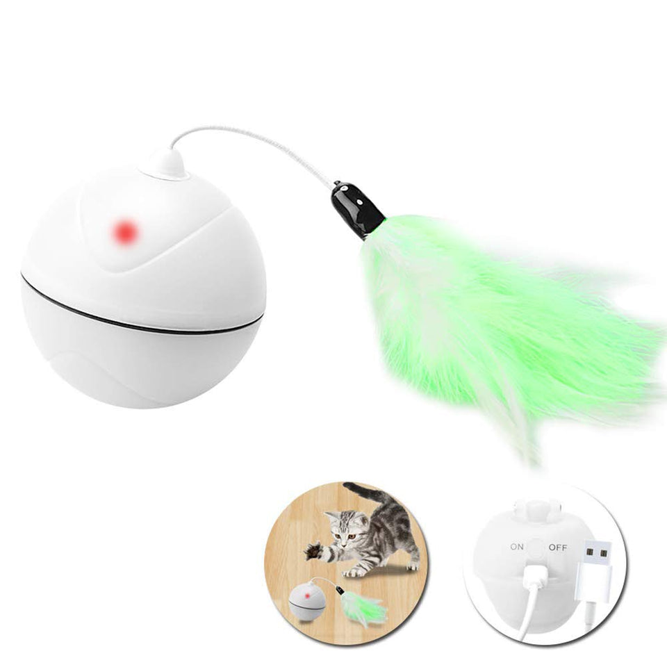 LXZ-TOY Juguetes para Gatos - Carga USB Bola Giratoria Automática - Batería Recargable Incorporada ? con Pluma Desmontable - para Ejercicio Animal Doméstico (Blanco)