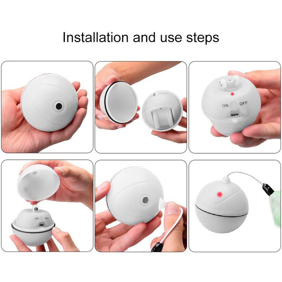 LXZ-TOY Juguetes para Gatos - Carga USB Bola Giratoria Automática - Batería Recargable Incorporada ? con Pluma Desmontable - para Ejercicio Animal Doméstico (Blanco)