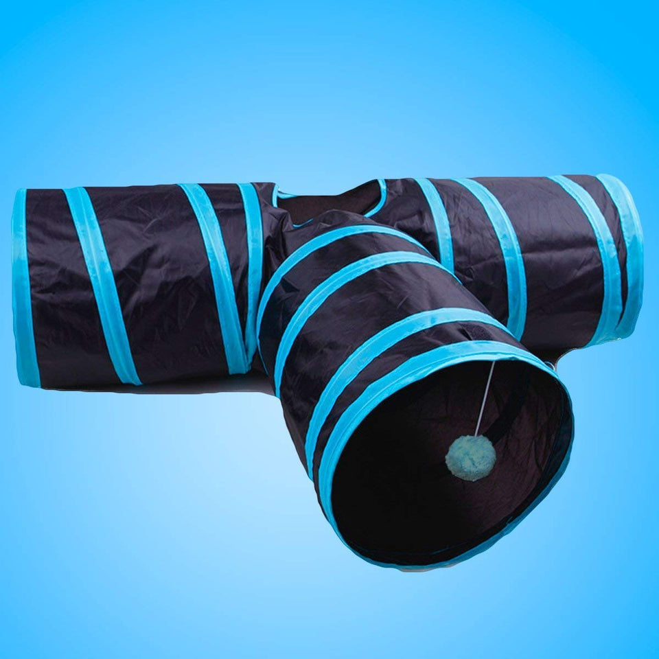 PUBAMALL Túnel para Gatos - Juguete Plegable de 3 vías para Jugar - Juguete para túneles Extensible Plegable para Jugar con Gatos (Negro y Azul)