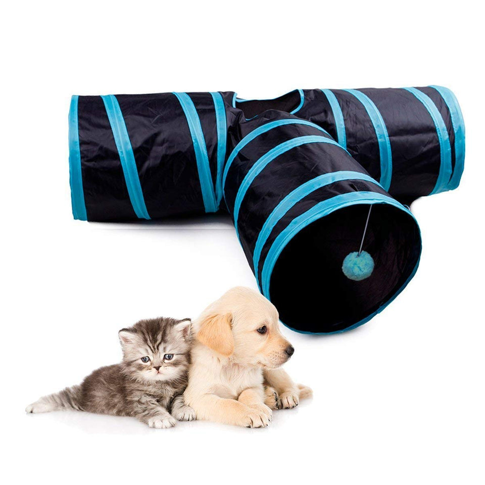 PUBAMALL Túnel para Gatos - Juguete Plegable de 3 vías para Jugar - Juguete para túneles Extensible Plegable para Jugar con Gatos (Negro y Azul)