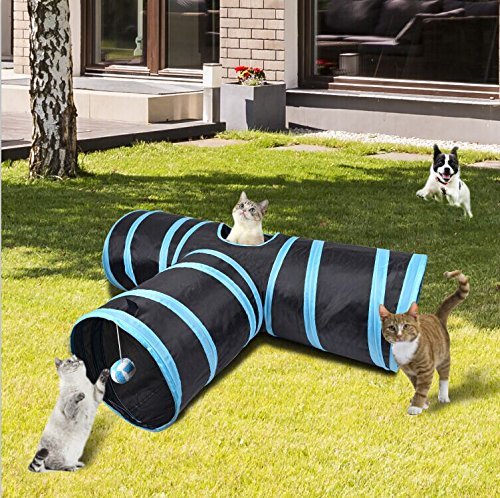 PUBAMALL Túnel para Gatos - Juguete Plegable de 3 vías para Jugar - Juguete para túneles Extensible Plegable para Jugar con Gatos (Negro y Azul)