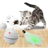LXZ-TOY Juguetes para Gatos - Carga USB Bola Giratoria Automática - Batería Recargable Incorporada ? con Pluma Desmontable - para Ejercicio Animal Doméstico (Blanco)