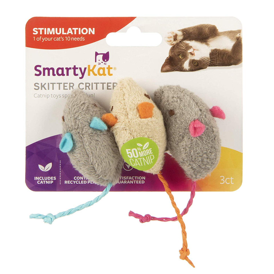 SmartyKat Catnip Juguetes para Gatos, Critter Critter, Gray, Beige, Paquete de 3